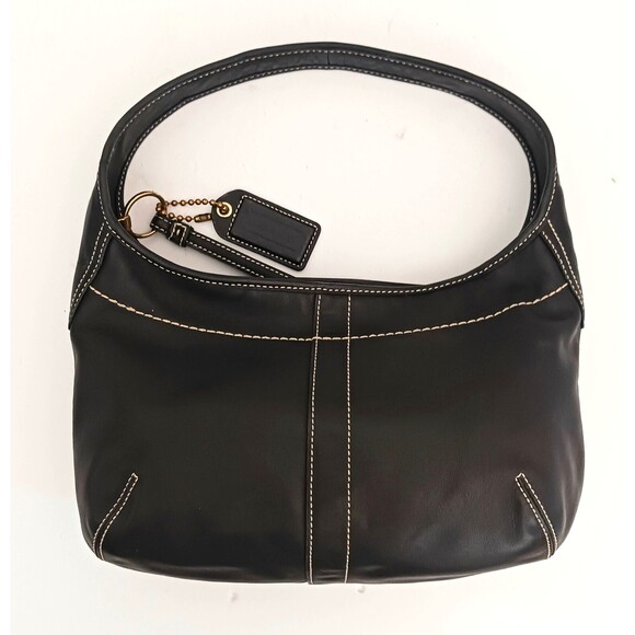 Coach Y2K Blk Leather Hobo Sufflette 10739 White Contrast Stitching - Picture 1 of 11